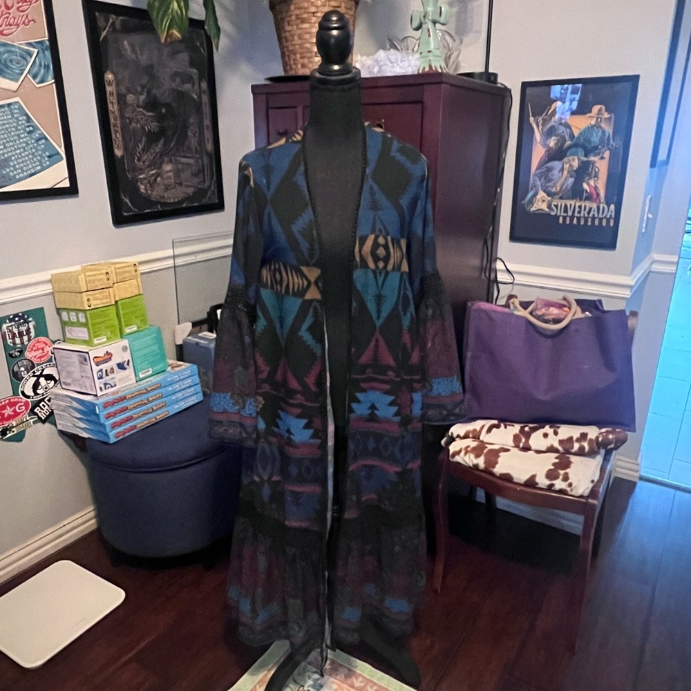 Women's Multicolor Patterned Long Kimino - Picture 2 of 6